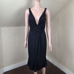 Vera Wang Black Wrap Midi Dress Size 6 Sleeveless Deep V Neck Tie Waist Evening